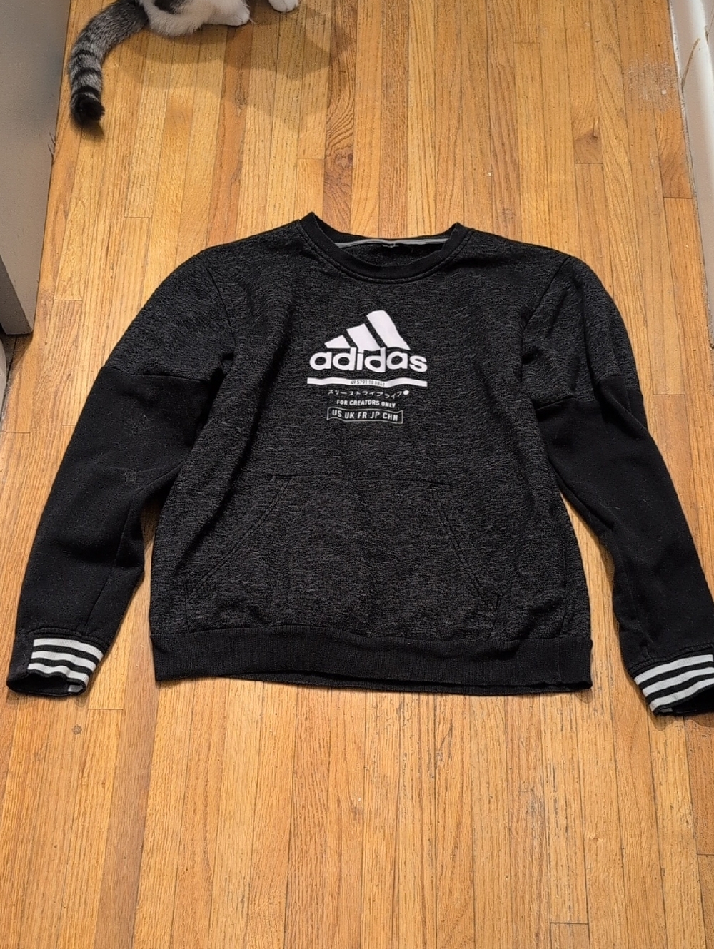 adidas Black Sweatshirt with White Logo and Striped Cuffs